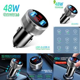 2024 48W Cigarette Lighter Car Chargers Metal Dual QC 3.0 Digital LED Display Dual USB For Mobile Phone Fast Charger