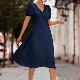 Casual Dresses Female Dress Short Sleeves V Neck Midi With Ruffled Edge High Waist Solid Flowy For Women 2024 Elegance