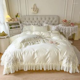 Bedding Sets Beige Princess Korean Style Luxury Flowers Embroiderd Ruffles Cotton Duvet Cover Bed Skirt Pillowcases Home Textile