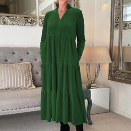 Casual Dresses Elegant Solid Colour Pocket Commuting Dress Women's V-neck Pleated Pullover Vintage Long Sleeved High Waisted