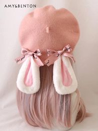 Berets Japanese Mine Sweet Girl Cute Bownot Ears Caps For Women Winter Thick Warm Wool Kawaii Hats Lolita Beret