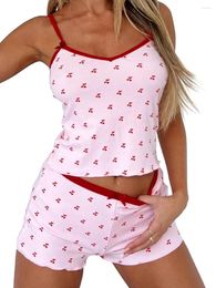 Home Clothing Women's 2 Piece Pyjama Pink Set Sweet Sleeveless Cherry Print Cami Tops Casual Shorts Sleepwear Sets