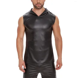 Bras Sets Mens Plus Size Soft Matte Leather Hoodies Sleeveless Shiny V-neck Tank Tops Male Elastic Casual Pullover Streetwear Tees