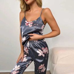 Y16Z Sexy Pyjamas Women Satin Pajamas Silk Floral Printing Lapel Button Shirt With Trousers Pajama Set Nightwear Pyjama Sleepwear Pijama Mujer 2404101