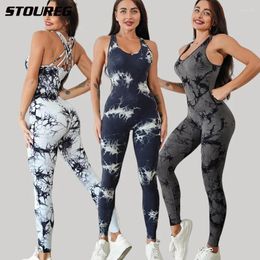 Active Sets STOUREG Women Tie Dye Sports Jumpsuit With Chest Pads One Piece Fitness Workout Set Tight Fitting Yoga Suit