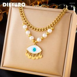 Pendant Necklaces DIEYURO 316L Stainless Steel Eye Necklace For Women Trendy 2-Layer Pearl Chains Jewellery Gift Birthday Collier Femme