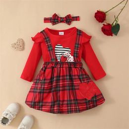 Clothing Sets Kids Girls Dress Suit Long Sleeve Round Neck Ruffle Buttons Knitting Romper Tops A-Lined Short Plaid Half Headband
