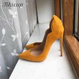 Pumps Tikicup Curl Cut Women Yellow Flock Pointy Toe High Heel Shoes Elegant Ladies Faux Suede Stiletto Pumps Comfortable 812cm