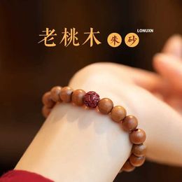Chain High quality genuine peach wood bead bracelet Buddha bracelet Buddhist bracelet prayer for mens natural cinnabar hand-painted lotus flower Q240401