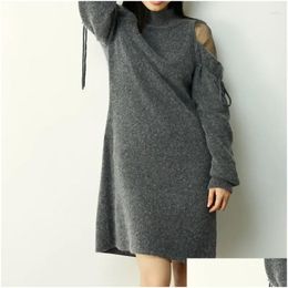 Basic Casual Dresses O-Neck Simple Loose Women Vestidos Long Sleeve Shoder Lace-Up Design Female Dress 2024 Japenese Drop Delivery App Dhpyc