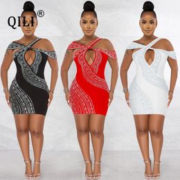 Casual Dresses QILI Discount Cross Sleeves Diamonds Rhinestone Dress Black Red And White Sexy Sleeveless Mini Party Club Elegant Clothes