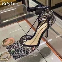 Eilyken Green Yellow Crystal Women Pumps Square Toe Fishnet Hollow Ankle CrossTied High Heel Sandals Lady Dress Shoe 240320