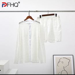 PFHQ Summer Hollow Out Sexy Lace Shorts Shirt Sets Mens Fashion Suit Clothes Trendy Elegant Beach 240321