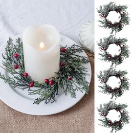 Decorative Flowers 20cm Christmas Candlestick Wreath Artificial Candle Rings Garland Fake Pine Berriees Holder Ring Party Table Decor