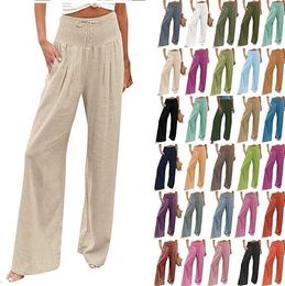 New Design Womens Cotton Linen Loose Fit Palazzo Pants Casual High Waist Stretchy Wide-leg Trousers with Pockets