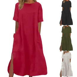 Casual Dresses Women's Round Neck Short Sleeved Solid Color Long Dress Women Sleeve Loose Plain Maxi