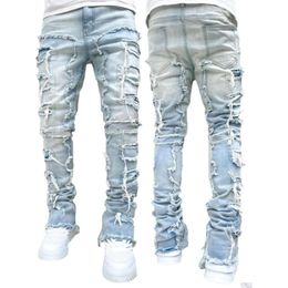 Mens Jeans Regar Fit Stacked Patch Died Destroyed Straight Clothes Casual Jean Streetwear Drop Delivery Apparel Clothing Dhkng