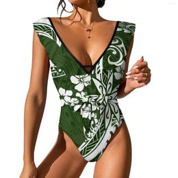 Women's Swimwear Polynesian Print Back Cut One-Piece Swimsuit Lotus Leaf Deep V Neckline Elegant 2024 Thigh-High Sexy Bikini