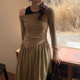 Work Dresses Korean Chic Irregular Off Shoulder Hit Color Patchwork T Shirt And High Waist A-Line Midi Skirt 2 Pcs Sets Dress