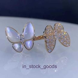 vancleff High grade designer rings for womens 925 sterling silver white shell butterfly plated with 18K rose gold opening double butterfly exquisite high