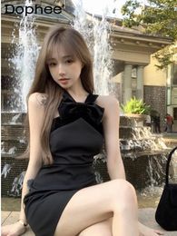 Casual Dresses Vintage Bow Backless Halter Black Sexy Waist Trimming Hip Dress For Women 2024 Summer Birthday Short Formal