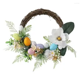 Decorative Flowers 45cm Easter Colorful Egg Wreath Door Wall Hanging Pendants Simulated Green Plant Happy Day Party Decor For Home