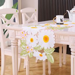 Hand Embroidery White Daisy Flower Table Runner Cotton Linen Wedding Party Dining Placemat Home Kitchen Decor 240325