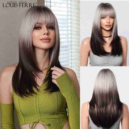 Synthetic Wigs Ombre Black Brown to Gray White Straight Wigs for Women Long Layered Synthetic Wig With Bangs Heat Resistant Fiber Wig for Daily Y240401