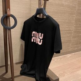 Miu Designer t Shirt Women Hot Drill Embroidered Letters Tshirts Cotton Round Neck Short Sleeves Loose Fashion Summer Ladies Tops Clothesxlaf