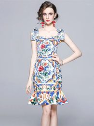 Casual Dresses Mermaid Mini Dress Women's Sleeveless Bow Tie Backless Flower Blue White Porcelain Print Fishtail Beach Vestido