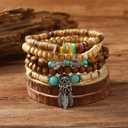 Chain New Vintage Mens Bracelet Colourful Shell Cactus Beaded Bracelet Multi piece Set of Wood Beads Bohemian Style Mens Bracelet Q240401