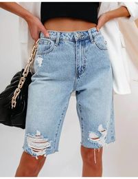 Womens Summer Ripped Denim Shorts Fashion High Elastic Slim Knee Length Jeans Shorts S-2XL Drop 240401