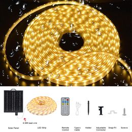 Solar Light Strip Outdoor, IP68 Fully Waterproof Strip Lights with Timer Remote Auto ON/Off, Self-Adhesive Strip Lights for for Fence Yard Party Garden Decor (Warm Yellow)