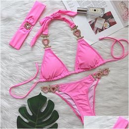 Womens Swimwear Pink Y Bikinis Swimsuit With Rhinestones Women Female Push Up Bikini Beach Swim Wear Bathing Suits Pool Bather Drop De Dhj3Y