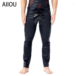 Men's Thermal Underwear AIIOU Sexy Men Funny Faux PU Leather Pants Splice Male Gays Stripper Clubwear Dancer Nightclub