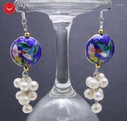 Dangle Earrings Qingmos Natural Pearl For Women With 6-7mm White & 18mm Blue Cloisonne Jewellery Ear515