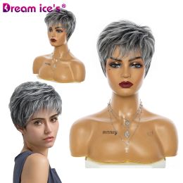 Wigs Short Mixed Grey Straight Wave Synthetic Wig With Bangs For Women Pixie Cut Fake Hair Heat Resisistance Fibre Cosplay Daily Use