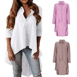 Women's Blouses 2024 Stylish Long Shirt Women Casual Solid Colour Sleeve Blouse Elegant High Low Button Chemise Vintag Lapel Top Baggy Blusa