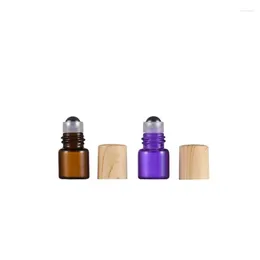 Storage Bottles 100pcs Mini Roll On Glass Sample Bottle Steel Roller Plastic False Wood Lid Portable 1ml Empty Essential Oil Refillable