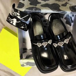 Dress Shoes Love Rhinestone Platform Patent Leather Loafers British Style Removable Decorative Mary Jane Square Toe Single Pumps