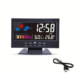 Voice Control Clock Backlight Digital Weather Temperature Humidity Forecast Countdown Electronic With USB Cable 240320