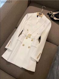 Basic Casual Dresses Office Lady Double Breasted Blazer Dress Women Spring Notched Long Sleeve White Black Mini Vestidos yq240402