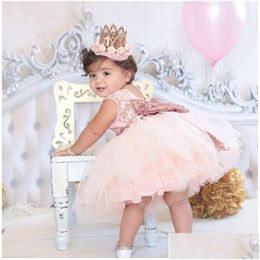 Girls Dresses Pink Backless Princess Gold Bow Baby Dress For Girl Baptism Christening 1St Birthday Party Newborn Gift Infant Tutu Gown Dhde9