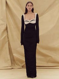 Casual Dresses Modphy Winter Fashion Women Sexy Long Sleeve Patchwork Black Maxi Bandage Dress 2024 Elegant Evening Club Party
