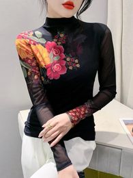Women's T Shirts Autumn Winter Locating Printed Floral Mesh T-shirt Tee Lady Turtleneck Long Sleeve Double Layered Base
