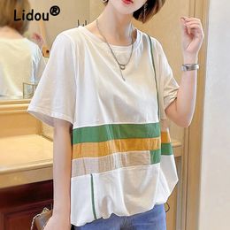 Women Retro Striped Patchwork Tees Korean Fashion O Neck Short Sleeve T Shirt Summer Casual Loose Y2K Drawstring Tops Camisetas 240315