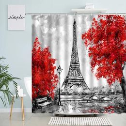 Shower Curtains Retro Paris Tower Curtain Red Tree Bridge Park Nature Scenery Oil Painting Fabric Print Wall Bathroom Decor Bath