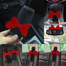 2024 Trim Cute Red Bowknot Car Safety Seat Belt Cover Soft Plush Shoulder Pad Styling Seatbelts Car Mirror Case Accessories