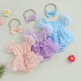 Clothing Sets Infant Baby Girls Butterfly Pattern Puff Sleeve Jumpsuits Summer Romper Dress With Bow Headband 2 Pieces Set