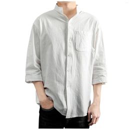 Men's Casual Shirts Summer 3/4 Sleeves Daily Fashion Japanese Style Stand Collar Solid Color Loose Cotton Linen